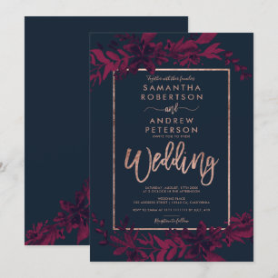 Convites Tipografia rosa dourada Casamento vermelho marinho