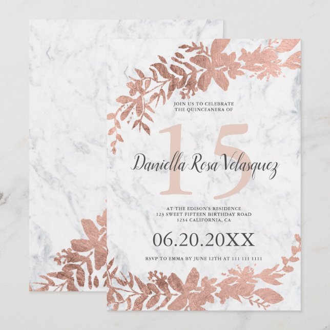 Convites Tipografia Rosa dourada quinceanera (Frente/Verso)
