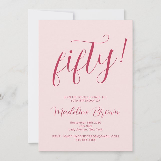 Convites Tipografia Script Blush Pink 50th Birthday (Frente)