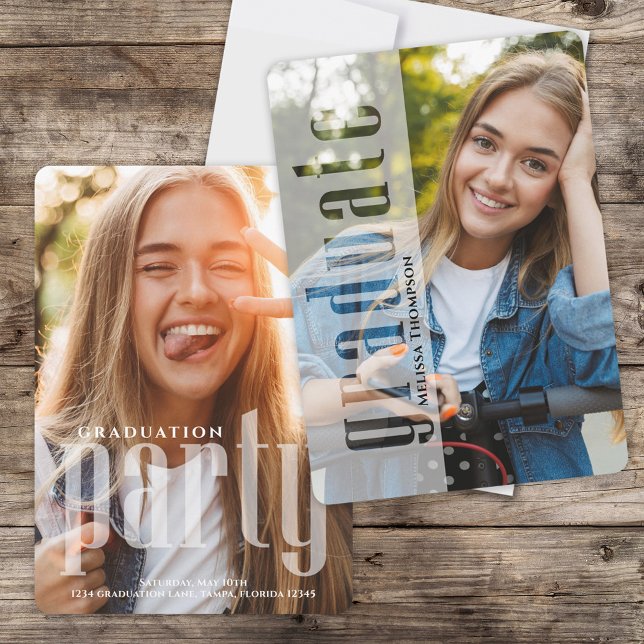Convites Tipografia simples de Na moda com fotos modernas d (Graduation photo invitation announcement with modern typography. and two photos)