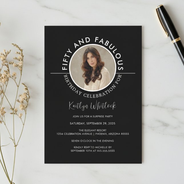 Convites Tipografia Simples Moderna 50 e Fabuloso Aniversár (modern elegant typography fifty and fabulous 50th birthday party invitation trendy invite)