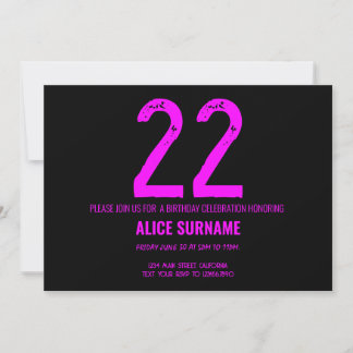Convites Tipografia Simples Rosa de Aniversário de 22 Anos