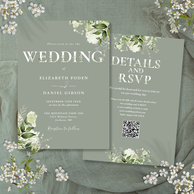Convites Tipografia Verde QR Code Casamento Verde Salvia (Greenery Typography QR Code Sage Green Wedding Invitation)