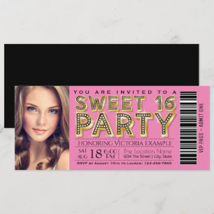 Convites Tíquete 16 Rosa e Black Hollywood Glam Sweet