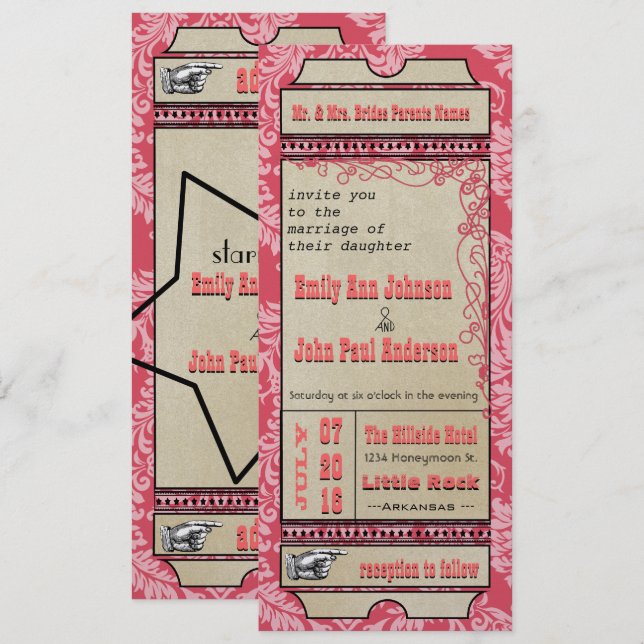Convites Tíquete de Banda Larga Casamento de Framboesa Rosa (Frente/Verso)