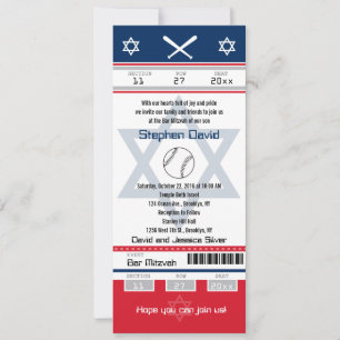 Convites Tíquete de basebol vermelho e Bar azul Mitzvah