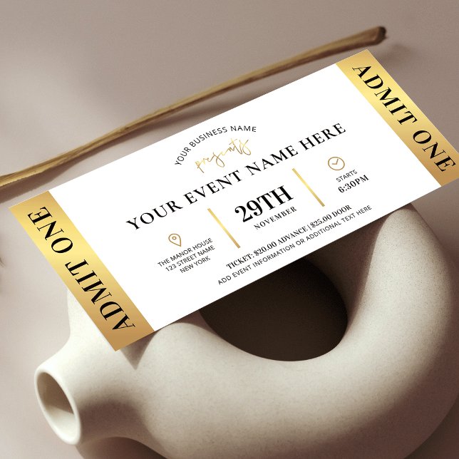 Convites Tíquete de evento Dourado Elegante Logotipo Comerc (Elegant white and gold event ticket design - great for corporate or private events)