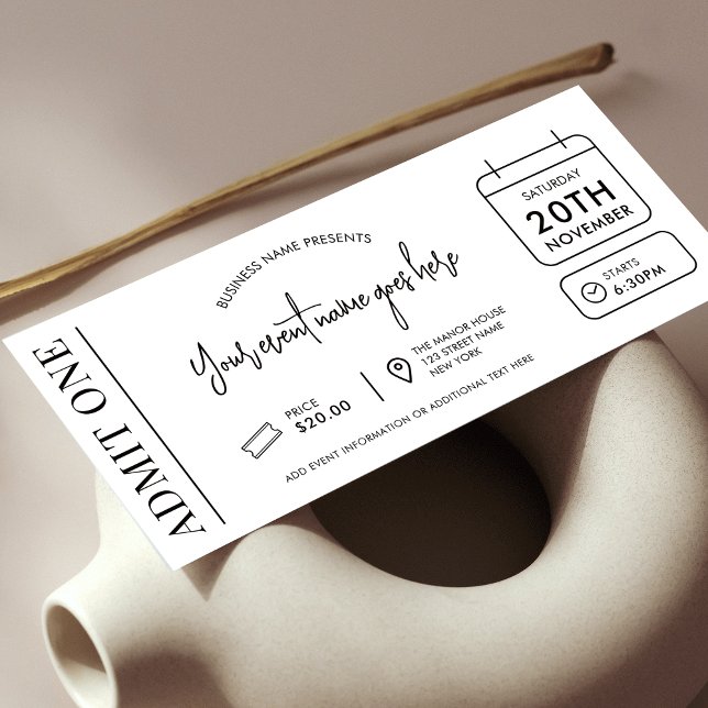 Convites Tíquete de evento Logotipo comercial moderno Admit (Modern event ticket in minimal black and white design with icons and fully editable text & colors)