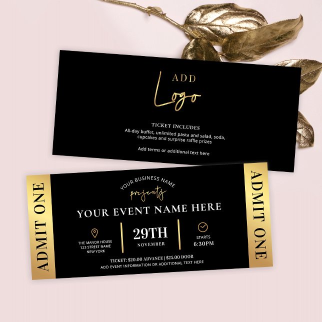 Convites Tíquete de evento preto e Dourado Logotipo comerci (Luxurious black and gold event ticket with space for your custom text - use for any type of ticket)
