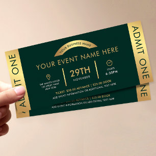 Convites Tíquete de evento verde e Dourado Logotipo comerci