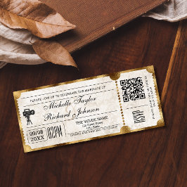 Convites Tíquete de filme Rustic Vintage com código QR RSVP