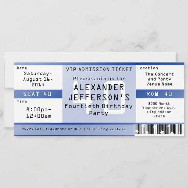 Convites Tíquete do partido Royal Blue aniversário de 40 an (Frente)