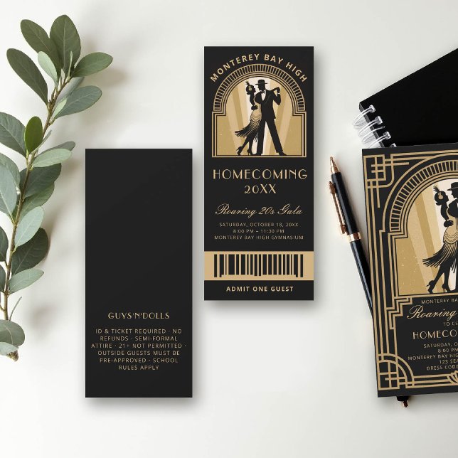 Convites Tíquete Escolar de Emergência para Bailes de forma (homecoming prom school event ticket roaring 20s gatsby flapper dancing black gold)