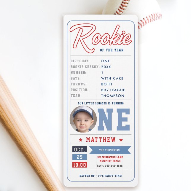 Convites Tíquete Rookie Baseball Stats Blue Boy primeiro an (baseball 1st birthday invite boy little slugger rookie of the year player stats ticket fun template)