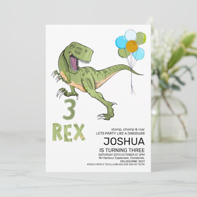 Convites Tiranossauro Três Rex Dino 3º Aniversário (Em pé/Frente)