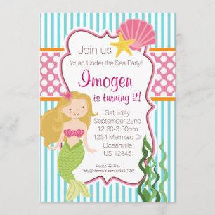 Convites Tiras de tartaruga, Bolinhas rosa, sereia loira