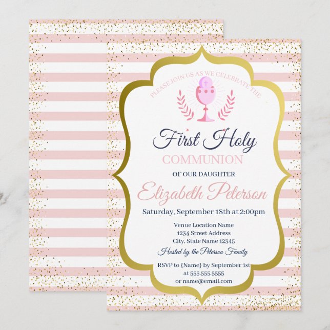Convites Tiras Rosa Confetti Primeira Comunhão Sagrada (Frente/Verso)