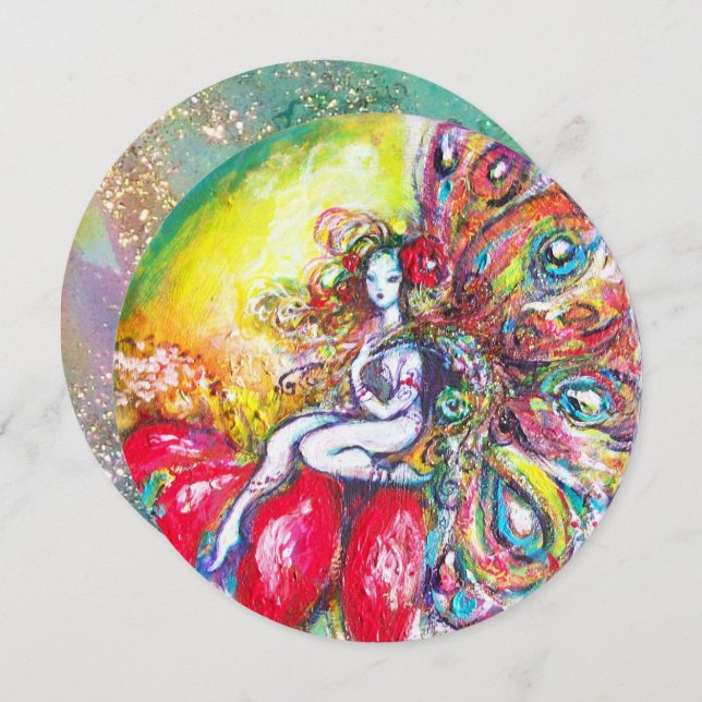 Convites TITÂNIA E FLOR VERMELHA, Faíscas de Azul Teal Verd (Frente/Verso)