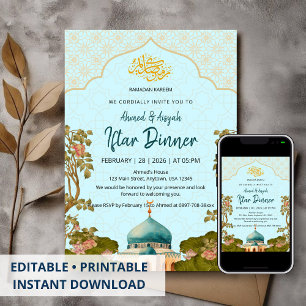 Convites Título Arco Floral Azul Mesquita Iftar Aquarela