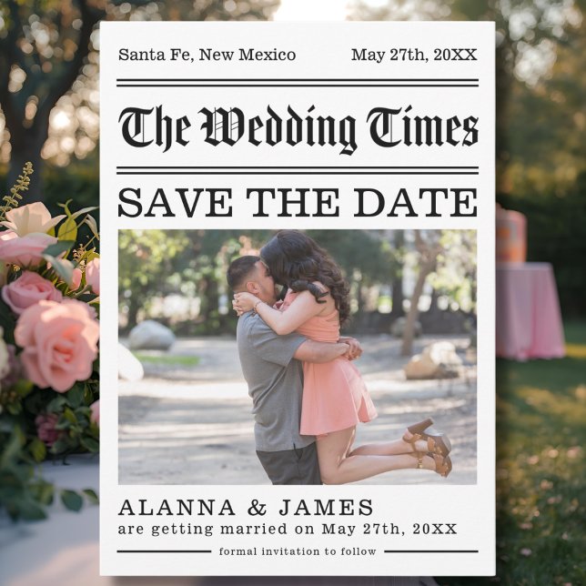 Convites Título de Foto de Jornal Antigo Salve a Data (Newspaper-style Save the Date with romantic photo and vintage typography for modern weddings.)