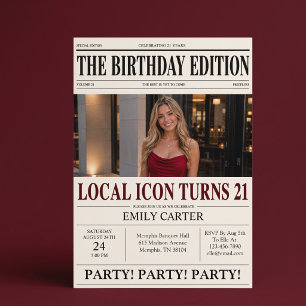 Convites Título de Jornal Engraçado para Festa de 21 Anos