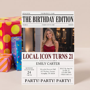 Convites Título de Jornal Engraçado para Festa de 21 Anos