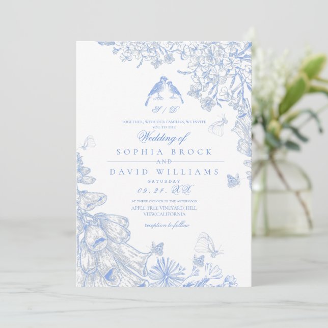 Convites Toalete Floral Azul Branco Foto Casamento Francês (Em pé/Frente)