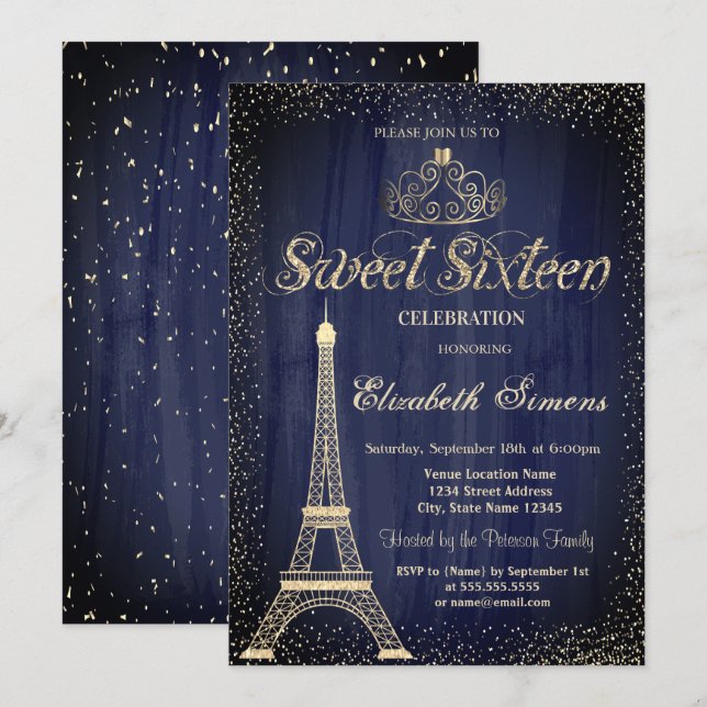 Convites Toalha de Eiffel Confete Tiara de Ouro Elegante Sw (Frente/Verso)
