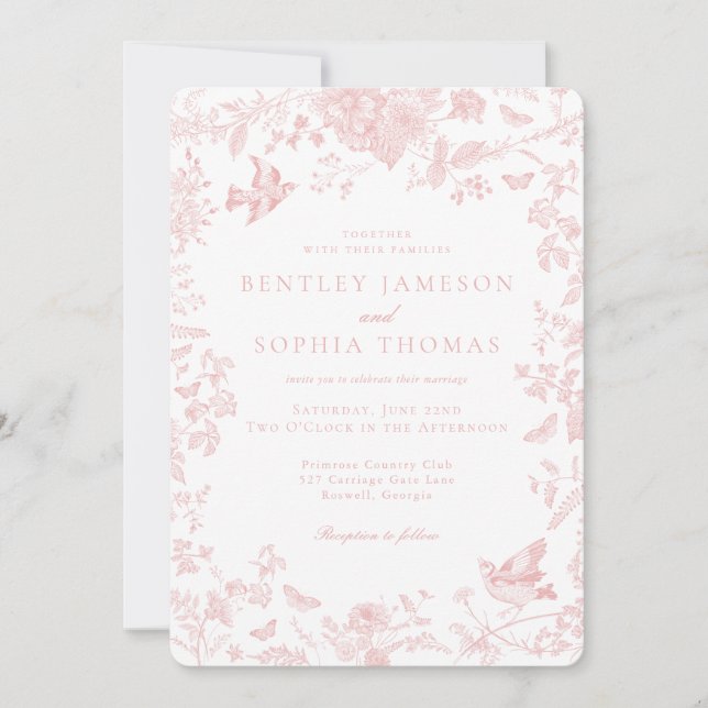 Convites Toalha de Jouy Rosa Flores Francesas Casamento (Frente)