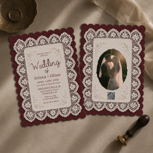 Convites Toalha de Renda Burgundy para Foto de Casamento de