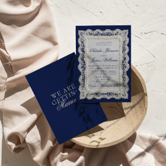Convites Toalha de Renda Royale Azul Old Money Casamento 