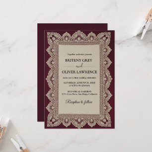 Convites Toalha de Renda Vintage Elegante Burgundy Casament