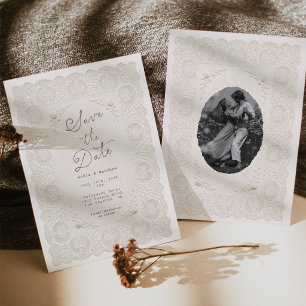 Convites Toalha de Renda Vintage Save the Date Marfim