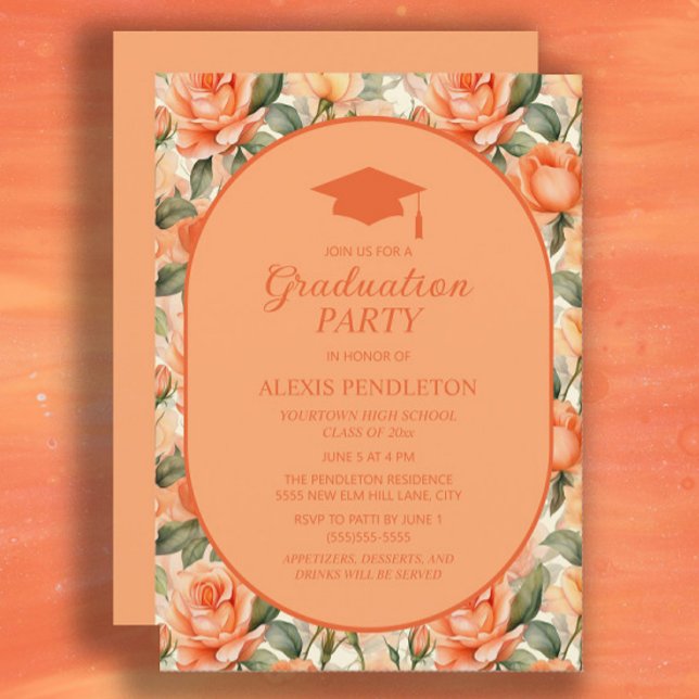 Convites Toca de Formatura de Ensino Médio Floral Laranja P (Orange and peach-colored floral graduation party invitation)