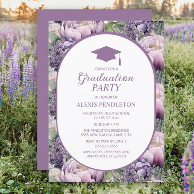 Convites Toca de Formatura Escolar Floral Roxa (Purple floral graduation party invitation)