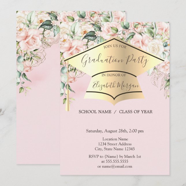 Convites Toca de formatura,Rosas Rosa Claro Graduação  (Frente/Verso)