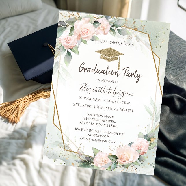 Convites Toca de Graduação Rosas Cor-de-Rosa Quadro Graduaç (Criador carregado)
