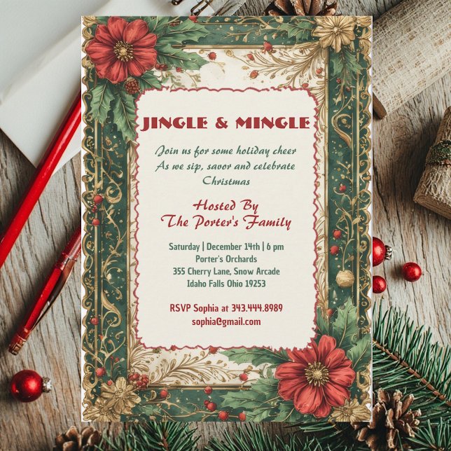 Convites Tocar e Conviver Natal Vermelho Verde Dourado Vint (Jingle and Mingle Christmas Red Green Vintage Gold Invitation)