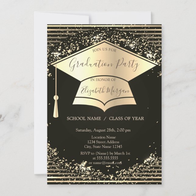 Convites Toco de Graduação Dourado,Listras de Confetes Grad (Frente)