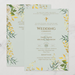 Convites Toda-em-1 Sage Dourado Vegetação Casamento Católic