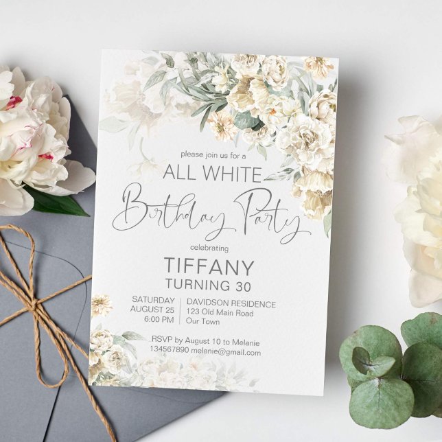 Convites Todas as festas de aniversário brancas, prateadas, (All white birthday party invitation template silver sage white flowers invitation)