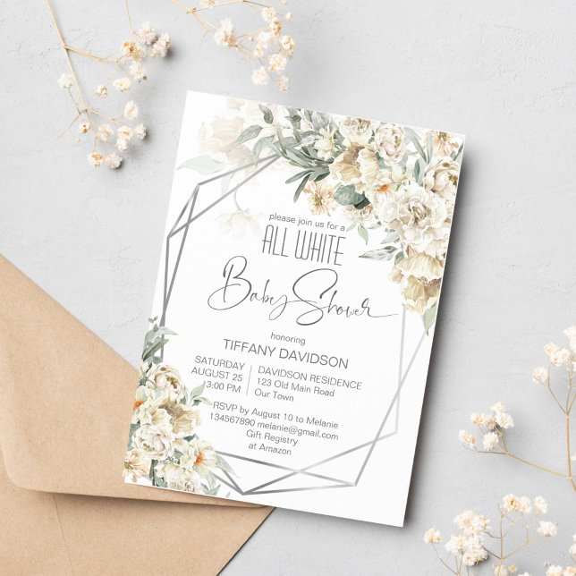 Convites Todas as molduras prateadas de chá de fraldas bran (All white baby shower invitation white flowers silver geometrical frame silver sage white themed)