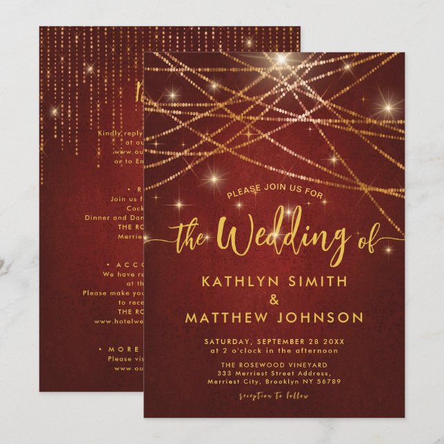 Convites Todas Em Uma Luz De Cordas Douradas Elegante (Frente/Verso)