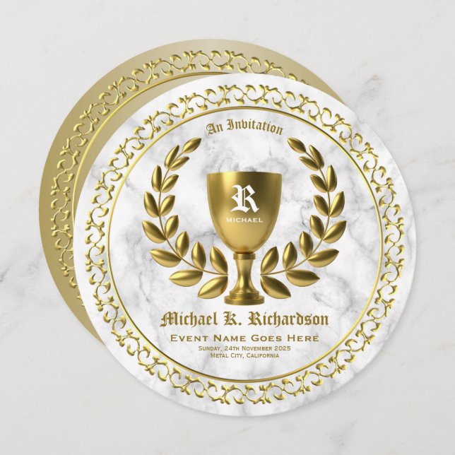 Convites Todo o monograma Dourado da grinalda do louro do (Frente/Verso)