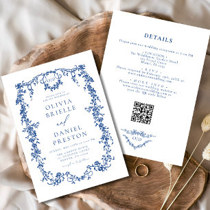 Convites Todos Em Um Casamento De Código QR Azul Vitoriano 