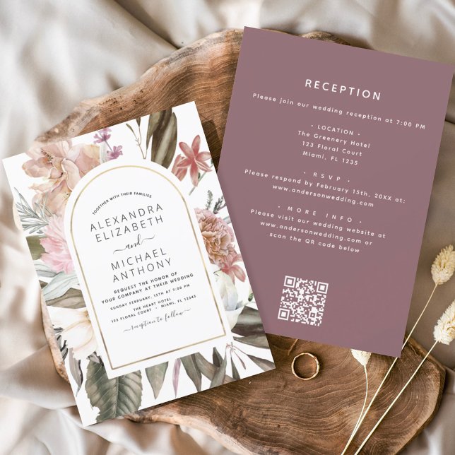 Convites Todos em Um Casamento de Código QR Floral Boho Boh (Criador carregado)