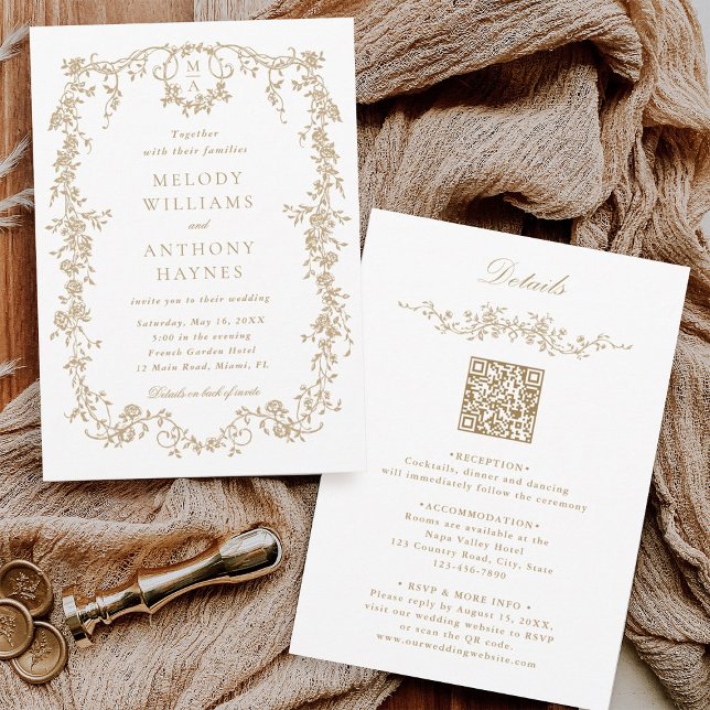 Convites Todos em Um Casamento Dourado Floral vitoriano fra (Front & Back)