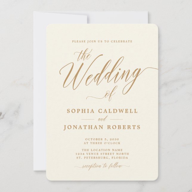 Convites Todos em Um Casamento Elegante Dourado de Caligraf (Frente)
