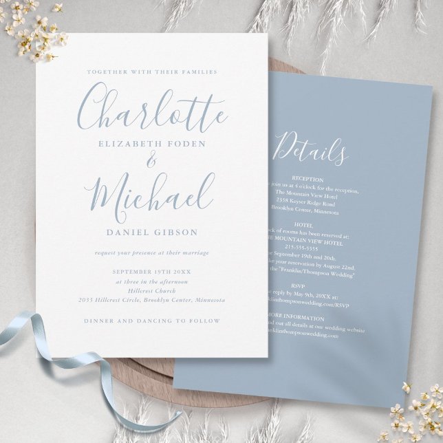 Convites Todos Em Um Casamento Simples De Script Chic Azul (All In One Dusty Blue Simple Chic Script Wedding Invitation)