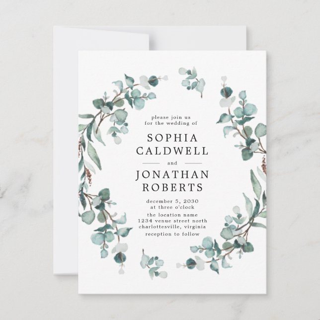 Convites Todos em um Código QR Casamento Eucalyptus Greener (Frente)